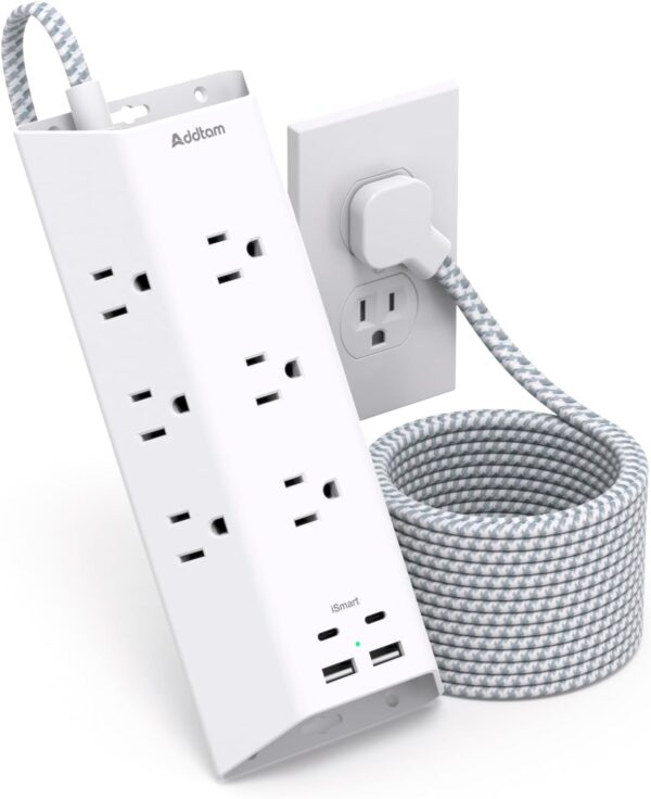 Surge Protector Power Strip, Addtam 5 ft Flat Plug Extension Cord with 4 USB Wall Charger(2 USB C Port), 9 Widely Outlets Desk Charging Station, Home Office and College Dorm Room Essentials