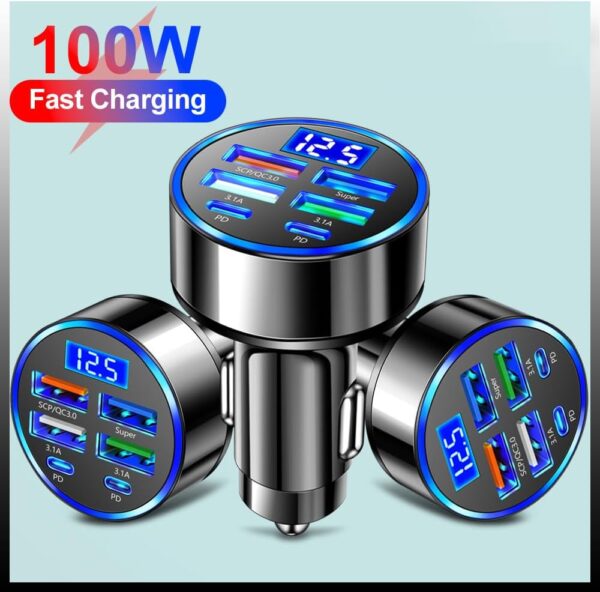 6-in-1 Multi-Port Car Charger with Voltage Detection, 2PD+3USB+QC3.0 Fast Charge Cigarette Lighter Plug Adapter Compatible with iPhone,Android,Samsung,iPad Pro and More - Image 6