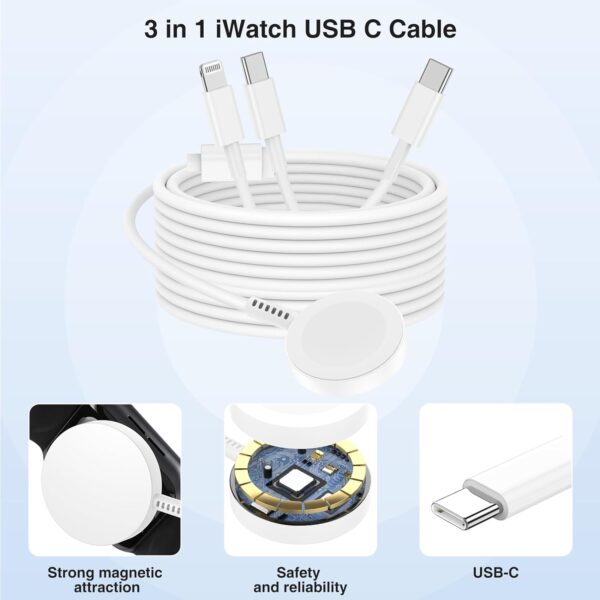Apple Watch Charger Cable, USB C Magnetic Watch Charging Cable, 3 in 1 Apple iWatch Charging Cable 6 FT, Compatible with Apple Watch Series 9/8/7/6/SE/5/4, iPhone 15/14/13/12/11, ipad Etc. - Image 5