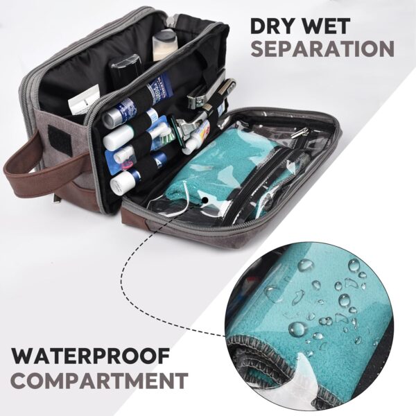 Travel Toiletry Bag for Men,Large Travel Toiletry Organizer,Leather and Canvas Mens Toiletry Bag,Dopp Kit Men,Water-resistant Hygiene Bag Shaving Bag for Travel Toiletries Accessories (Gray) - Image 2