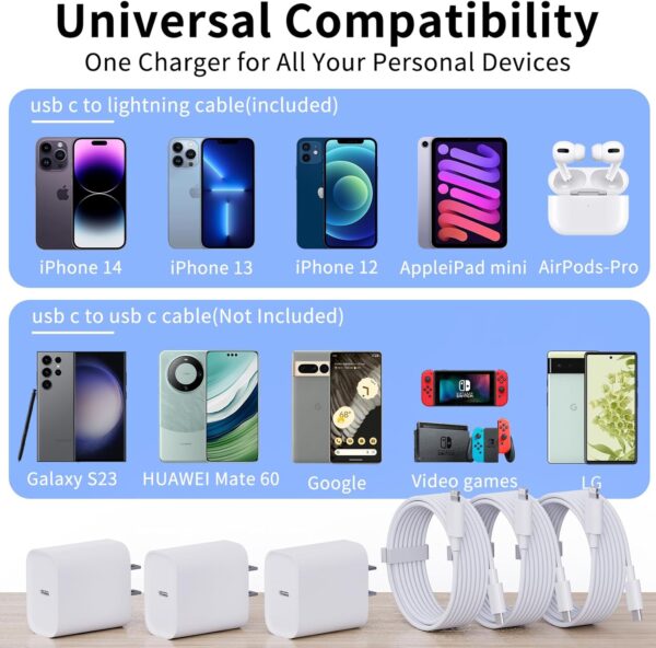 USB C Charger for iPhone 14 13 12 11 Charger, 3Pack 20W USB C Fast Charger Plug Power Adapter with 6FT Type C to Lightning Cable - Image 6