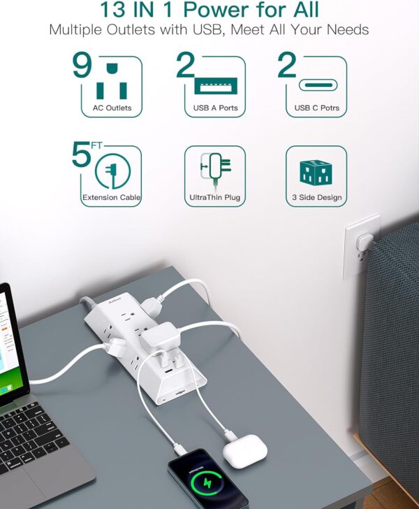 Surge Protector Power Strip, Addtam 5 ft Flat Plug Extension Cord with 4 USB Wall Charger(2 USB C Port), 9 Widely Outlets Desk Charging Station, Home Office and College Dorm Room Essentials - Image 2