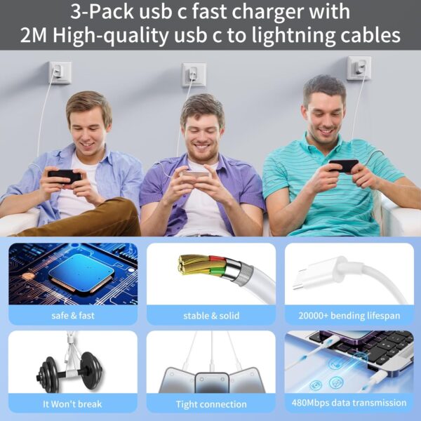 USB C Charger for iPhone 14 13 12 11 Charger, 3Pack 20W USB C Fast Charger Plug Power Adapter with 6FT Type C to Lightning Cable - Image 3
