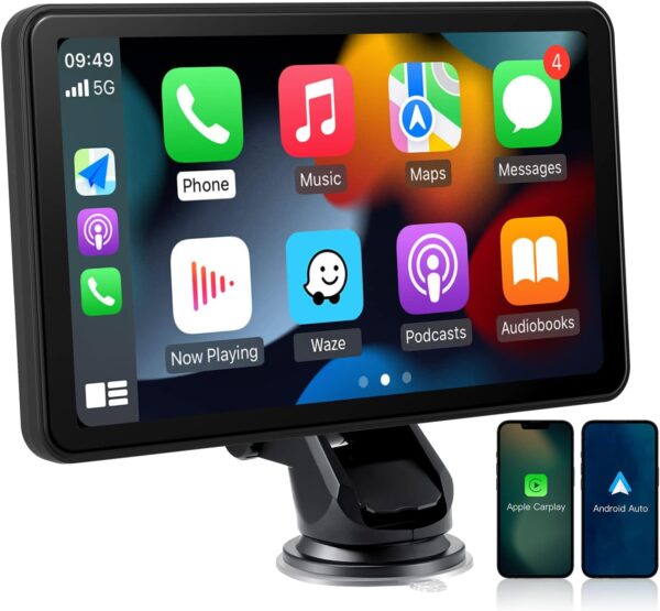 CARABC 7" Wireless CarPlay & Wireless Android Auto Touch Screen Car Radio - Portable Dash Mount Adapter with GPS Navigation, Mirror Link, HD LRV, FM/AM, Voice Control - Black