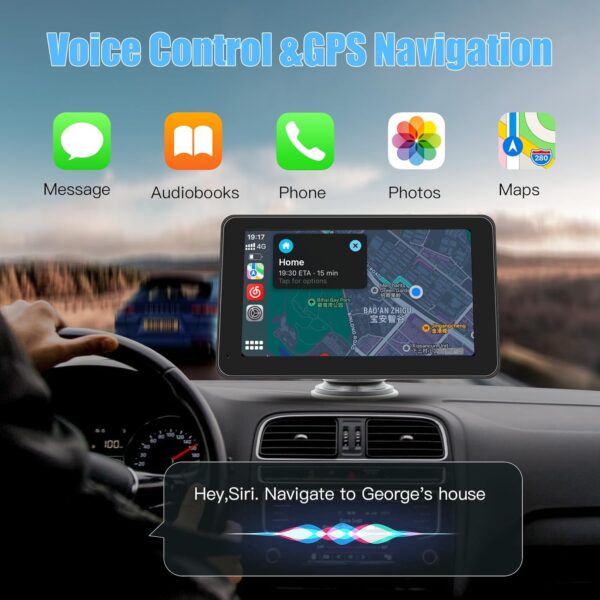 CARABC 7" Wireless CarPlay & Wireless Android Auto Touch Screen Car Radio - Portable Dash Mount Adapter with GPS Navigation, Mirror Link, HD LRV, FM/AM, Voice Control - Black - Image 2