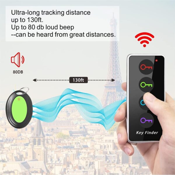 Reyke Key Finder, 80dB+ RF Item Locator Tags with 131ft. Working Range, Wireless Remote Finder Key Finder Locator for Finding Wallet Key Phone Glasses Pet Tracker, 1 RF Transmitter & 4 Receivers - Image 4