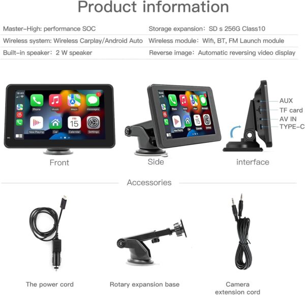 CARABC 7" Wireless CarPlay & Wireless Android Auto Touch Screen Car Radio - Portable Dash Mount Adapter with GPS Navigation, Mirror Link, HD LRV, FM/AM, Voice Control - Black - Image 5
