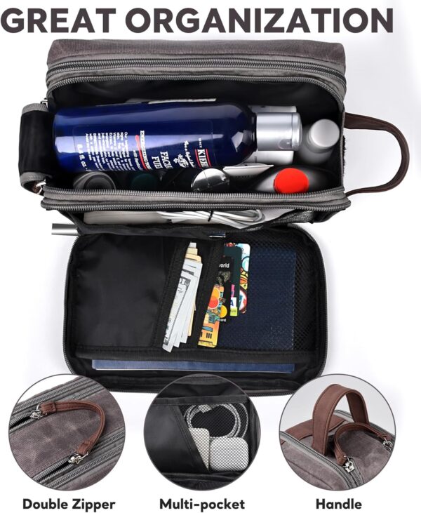 Travel Toiletry Bag for Men,Large Travel Toiletry Organizer,Leather and Canvas Mens Toiletry Bag,Dopp Kit Men,Water-resistant Hygiene Bag Shaving Bag for Travel Toiletries Accessories (Gray) - Image 3