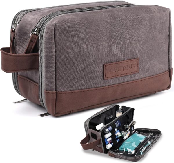 Travel Toiletry Bag for Men,Large Travel Toiletry Organizer,Leather and Canvas Mens Toiletry Bag,Dopp Kit Men,Water-resistant Hygiene Bag Shaving Bag for Travel Toiletries Accessories (Gray)