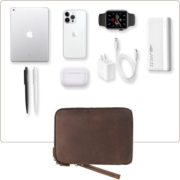 LANNSYNE Full Grain Leather Travel Cable Accessories Bag, Electronic Organizer Carry Case Double Layer Storage Case for Charger, Phone, Power Bank, Cables - Image 4