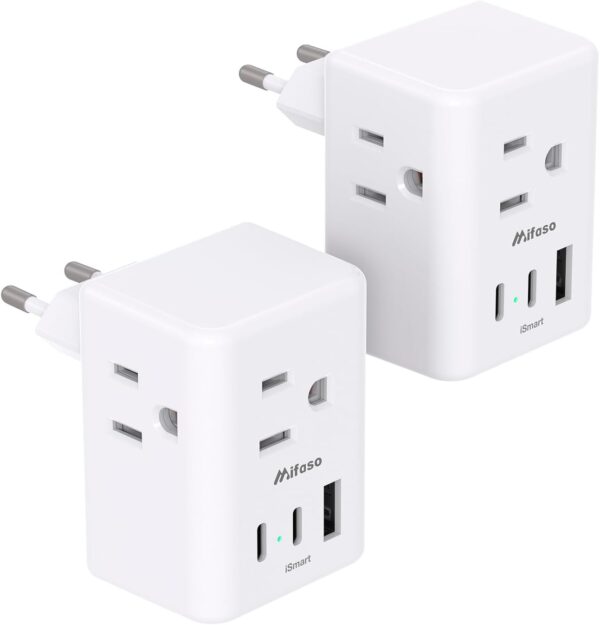 2 Pack European Travel Plug Adapter, International Power Plug Adapter with 3 Outlets 3 USB Charging Ports(2 USB C), Type C Plug Adapter Travel Essentials to Most Europe EU Spain Italy France Germany