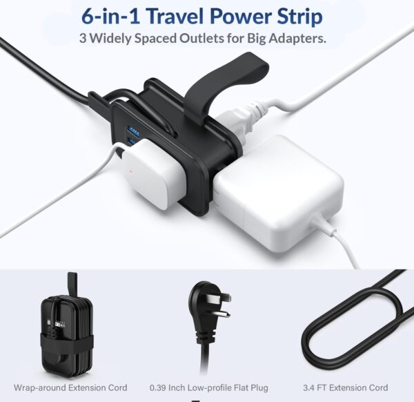 Portable Travel Power Strip with USB Ports, 3ft Travel Extension Cord with Multiple Outlets, 3 AC Outlets + 2 USB + 1 Fast-Charging USB-C, No Surge Travel Power Strip for Cruise Ship Home Office Black - Image 8