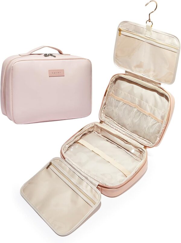 Travel Toiletry Bag with Hanging Hook, Portable Makeup Cosmetic Bags for Women, Water-Resistant Full-Size Travel Accessories (Pink)