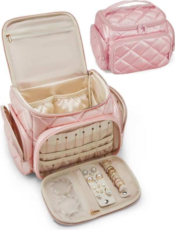 BAGSMART Makeup Bag with Jewelry Organizer, Travel Toiletry Bag with Multi-compartments, Toiletry Bags Cosmetic Bags for Women, for Travel-Size Toiletries Accessories (Pink)