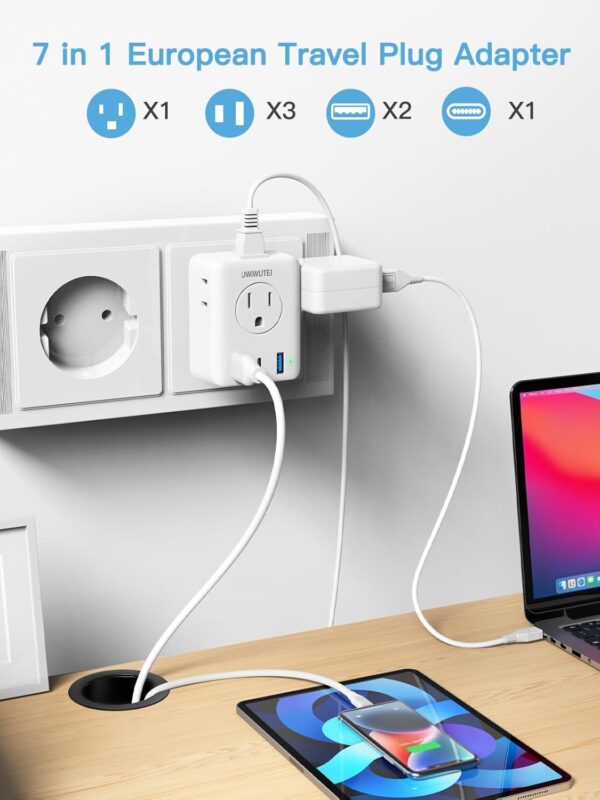 European travel Essentials Travel Adapter,UWIWUTEI Type c Travel Plug Adapter with 3 USB Ports (2 USB A & 1 USB C) and 4 AC Outlets, Type C Travel Adapter for US to Europe Iceland Spain Italy France - Image 2
