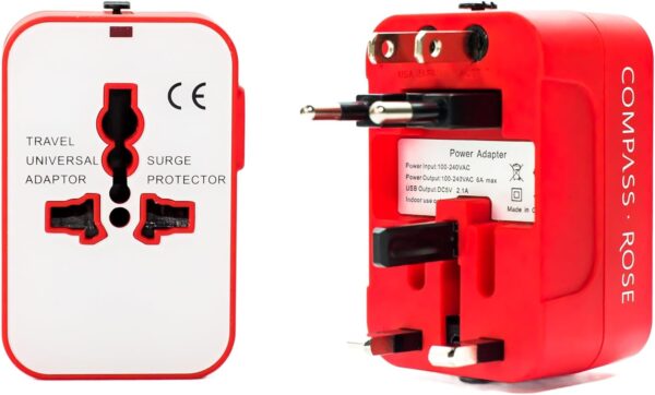Universal Travel Adapter, European Travel Plug Adapter, UK Travel Adapter Type C and USB Ports,100-250V Output, International Travel Adapter in Red and White - Image 2