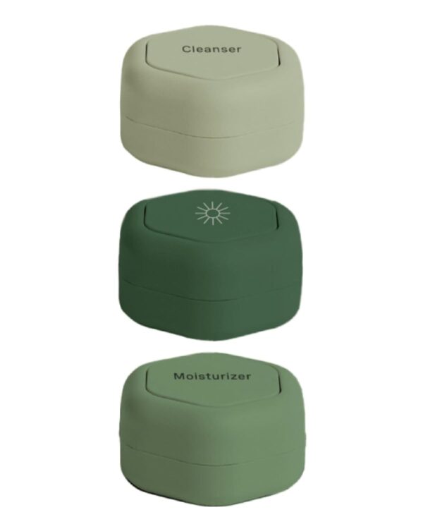 Cadence Travel Containers - Skincare Set - Magnetic Travel Capsules - For Facial Cleanser, Moisturizer, Sunscreen - 3 Small Capsules (0.56oz) with Cleanser, Moisturizer & Sun-Icon Labels - Evergreen