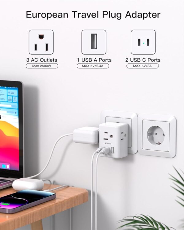 2 Pack European Travel Plug Adapter, International Power Plug Adapter with 3 Outlets 3 USB Charging Ports(2 USB C), Type C Plug Adapter Travel Essentials to Most Europe EU Spain Italy France Germany - Image 2