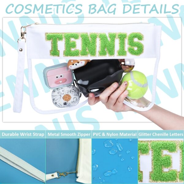 2 Pcs Tennis Gifts Cosmetic Makeup Bag with Chenille Letter Patch, Clear Pouch PVC Organizer Purse, Waterproof Travel Bag, Portable Toiletry Storage Bag for Her Girls Friends Women - Image 3