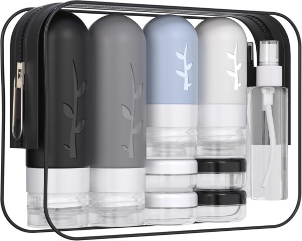 16 Pack Travel Size Toiletries Kits - Leak Proof TSA Approved Travel Bottles for Toiletries Essential - BPA Free Travel Containers for Shampoo, Conditioner, Lotion (16Pcs/Black)