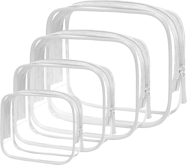 4 Pack TSA Approved Clear Travel Toiletry Bag Zippers Carry-on Travel Size Toiletries Cosmetic Pouch Clear Makeup Bags in 4 Size Travel Accessories Essentials for Men and Women (White, Pack of 4)