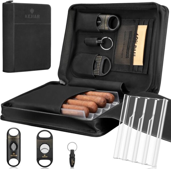 Cigar Humidor Case, Portable Cigar Box with Cigar V Cutter, Straight Cigar Cutter, Cigar Punch, Cigar Humidifier Pack, Travel Humidor and Cigar Accessories Gift Set PU Leather Cigar Case(Black)