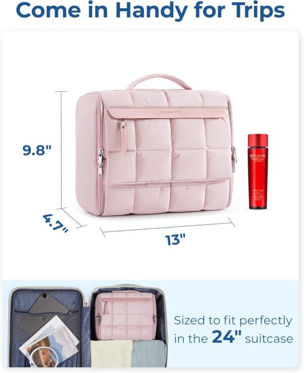 BAGSMART Travel Toiletry Bag, Lightweight Full-open Hanging Toiletry Bag for Women, Puffy Cosmetic Makeup Bag Organizer with Handle for Accessories, Essentials, Toiletries (Pink) - Image 7