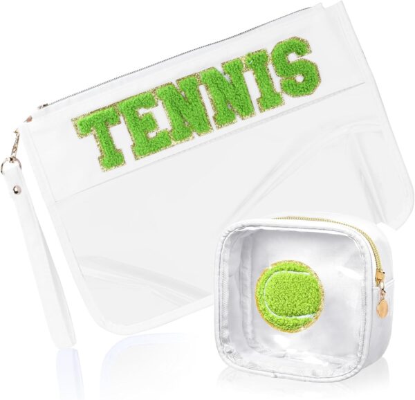2 Pcs Tennis Gifts Cosmetic Makeup Bag with Chenille Letter Patch, Clear Pouch PVC Organizer Purse, Waterproof Travel Bag, Portable Toiletry Storage Bag for Her Girls Friends Women