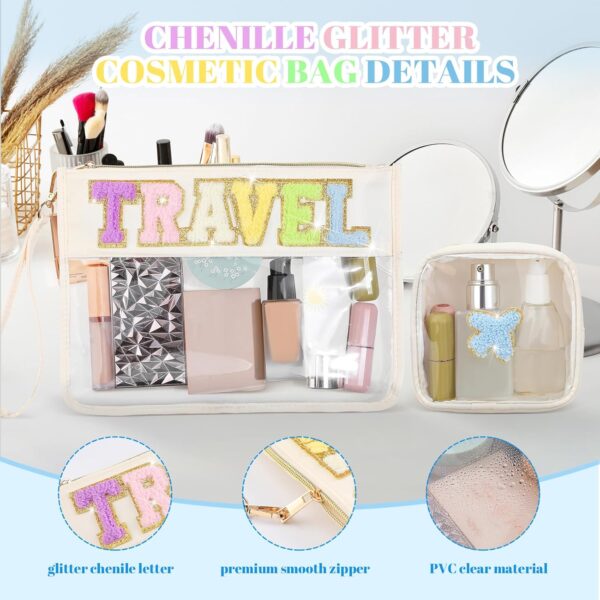 Hillban 2 Pcs Weekend Gifts Chenille Letter Bags Travel Makeup Bag Travel Themed Party Favor Bags Preppy Patch Makeup Bag Flat Portable Toiletry Storage Bag for Women Girl (Travel Travel) - Image 4