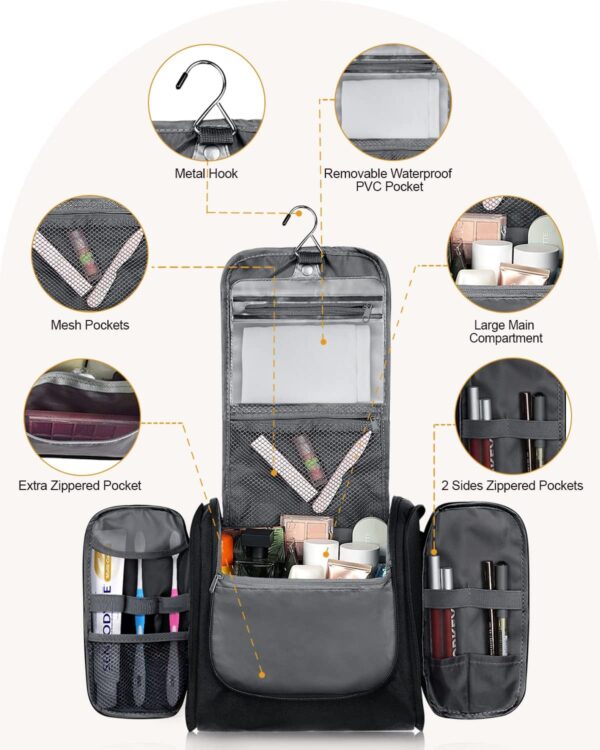 MULISOFT Toiletry Bag for Women and Men, Water-resistant Travel Makeup Bag with Hanging Hook, Compact Travel Toiletry Organizer Bag, Makeup Organizer Bag for Cosmetics, Dopp Kit Shaving Bag, Black - Image 2
