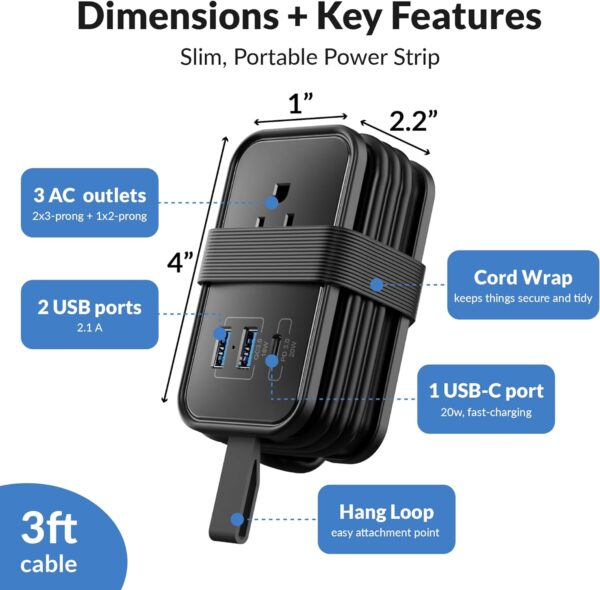 Portable Travel Power Strip with USB Ports, 3ft Travel Extension Cord with Multiple Outlets, 3 AC Outlets + 2 USB + 1 Fast-Charging USB-C, No Surge Travel Power Strip for Cruise Ship Home Office Black - Image 4