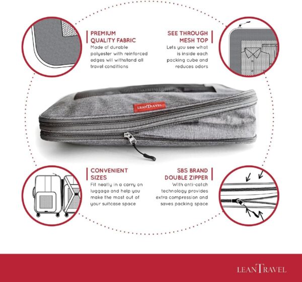 LeanTravel Compression Packing Cubes for Travel Organizers with Double Zipper (6-Pack (2L+2M+2S), Black) - Image 3