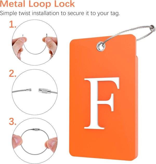 Gostwo 2 Pack Luggage Tags for Suitcases, 26 Initial Letter Travel Luggage Baggage Identification Labels ID Tag Fully Bendable Tags with Stainless Steel Loop (Orange) (Letter F) - Image 3