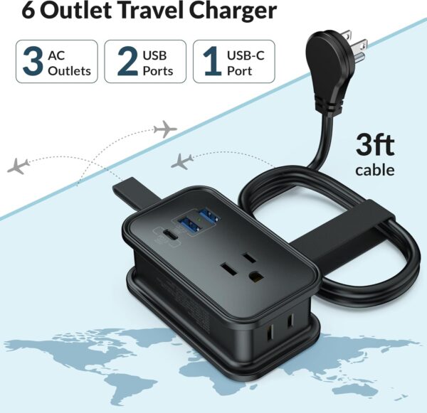 Portable Travel Power Strip with USB Ports, 3ft Travel Extension Cord with Multiple Outlets, 3 AC Outlets + 2 USB + 1 Fast-Charging USB-C, No Surge Travel Power Strip for Cruise Ship Home Office Black - Image 3