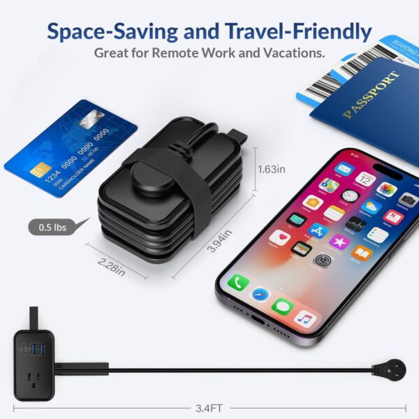 Portable Travel Power Strip with USB Ports, 3ft Travel Extension Cord with Multiple Outlets, 3 AC Outlets + 2 USB + 1 Fast-Charging USB-C, No Surge Travel Power Strip for Cruise Ship Home Office Black - Image 5