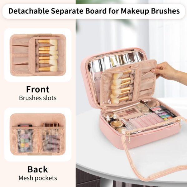OCHEAL Makeup Bag, Makeup Travel Bag Large Capacity Waterproof Cosmetic Organizer Bag with Makeup Brush Compartment & Handle for Women Girls Travel Toiletry Accessories-Pink - Image 4