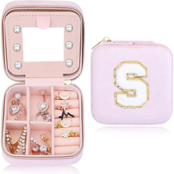 Travel Jewelry Case Organizer for Girls Women | Small Letter Jewelry Case Mini Mirror Jewelry Box | Portable Jewelry Box for Little Girls | Teen Girl Birthday Christmas Gifts (Pink, Letter S)