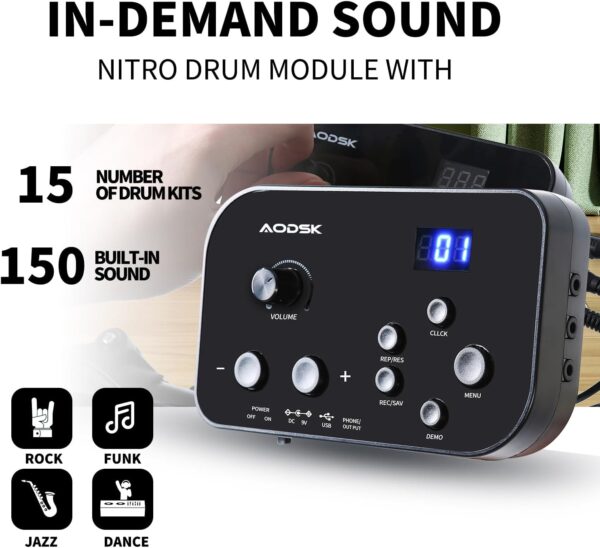 Electronic Drum Set,Electric Drum Set for Beginner with 150 Sounds,Drum Set With 4 Quiet Electric Drum Pads,2 Switch Pedal,Drum Throne,Drumsticks,On-Ear Headphones - AED-400 - Image 3