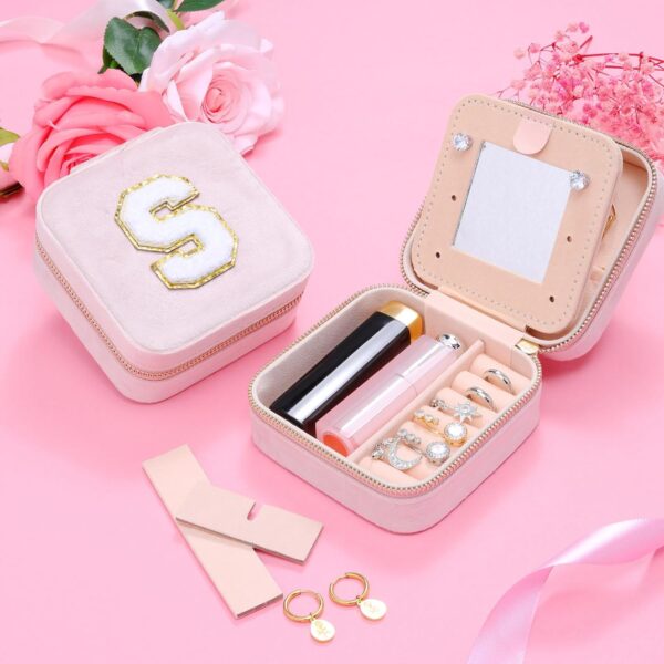 Travel Jewelry Case Organizer for Girls Women | Small Letter Jewelry Case Mini Mirror Jewelry Box | Portable Jewelry Box for Little Girls | Teen Girl Birthday Christmas Gifts (Pink, Letter S) - Image 6