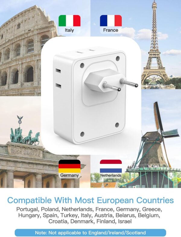 European travel Essentials Travel Adapter,UWIWUTEI Type c Travel Plug Adapter with 3 USB Ports (2 USB A & 1 USB C) and 4 AC Outlets, Type C Travel Adapter for US to Europe Iceland Spain Italy France - Image 3