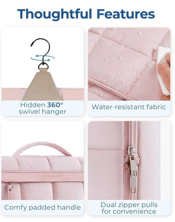 BAGSMART Travel Toiletry Bag, Lightweight Full-open Hanging Toiletry Bag for Women, Puffy Cosmetic Makeup Bag Organizer with Handle for Accessories, Essentials, Toiletries (Pink) - Image 5