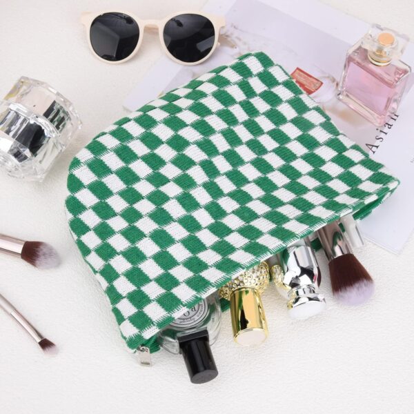 2 Pieces Makeup Bag Large Checkered Cosmetic Bag Capacity Canvas Travel Toiletry Bag Organizer Cute Makeup Brushes Aesthetic Accessories Storage Bag for Women, Checkered L Green Rose red - Image 4