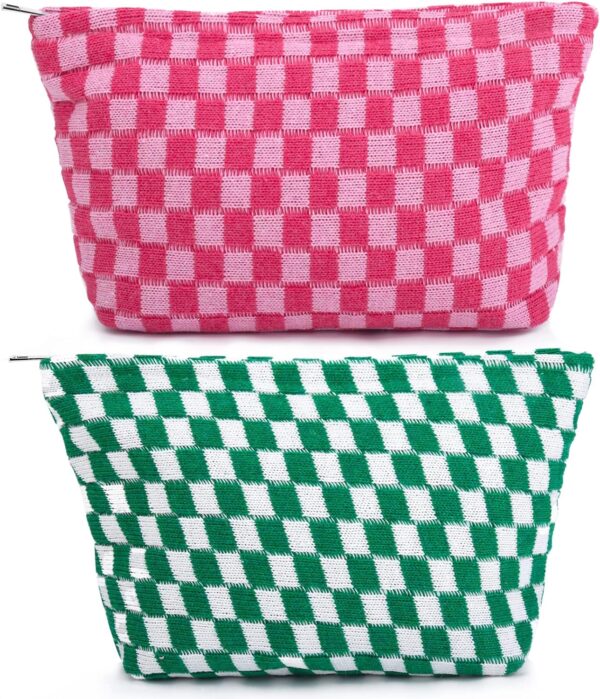 2 Pieces Makeup Bag Large Checkered Cosmetic Bag Capacity Canvas Travel Toiletry Bag Organizer Cute Makeup Brushes Aesthetic Accessories Storage Bag for Women, Checkered L Green Rose red