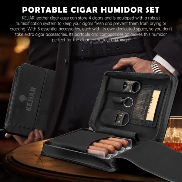 Cigar Humidor Case, Portable Cigar Box with Cigar V Cutter, Straight Cigar Cutter, Cigar Punch, Cigar Humidifier Pack, Travel Humidor and Cigar Accessories Gift Set PU Leather Cigar Case(Black) - Image 7