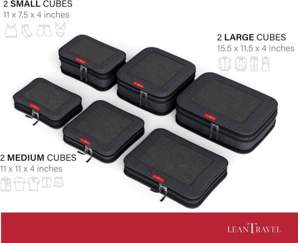 LeanTravel Compression Packing Cubes for Travel Organizers with Double Zipper (6-Pack (2L+2M+2S), Black) - Image 4