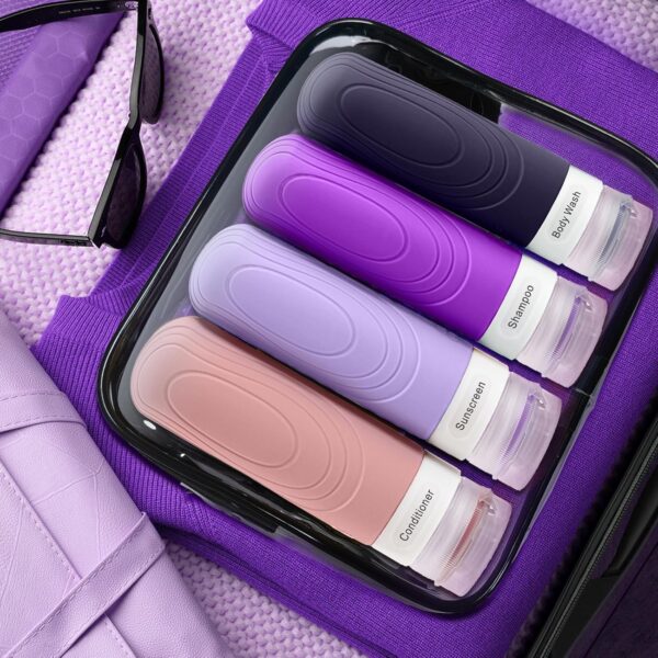 GLAMFIELDS Travel Bottles for Toiletries TSA Approved, 3oz Size Leak Proof Silicone Travel Containers for Shampoo, Lotion,Easy to Squeeze Portable, Essentials for Traveling (4 Pack) Purple - Image 7