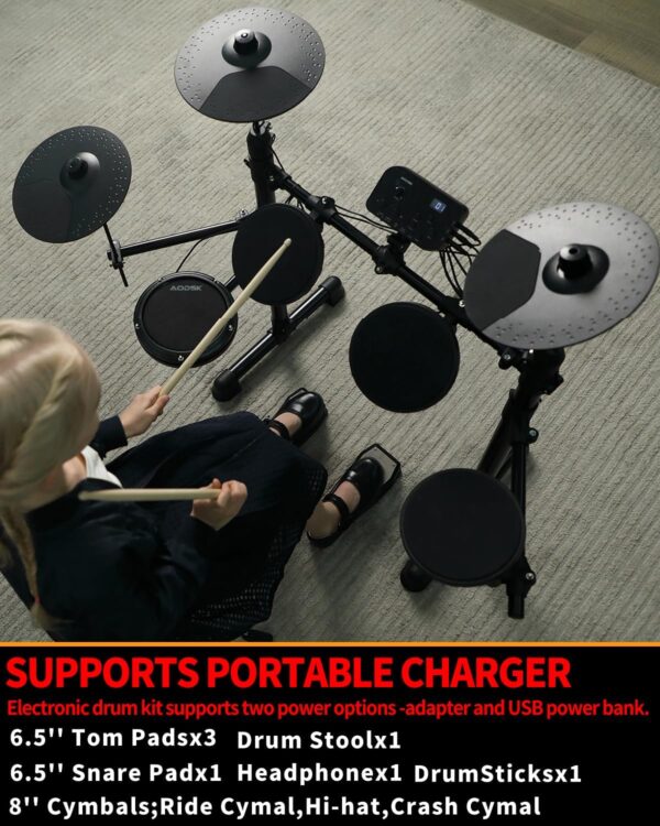 Electronic Drum Set,Electric Drum Set for Beginner with 150 Sounds,Drum Set With 4 Quiet Electric Drum Pads,2 Switch Pedal,Drum Throne,Drumsticks,On-Ear Headphones - AED-400 - Image 2