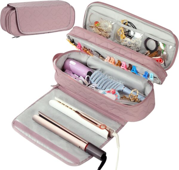 Double Layer Hair Tools Travel Bag with Heat Resistant Mat,2 in 1 Portable Organizer Hair Travel Case with Handle for Flat Irons,Hot Hair Styling Tools Travel Essentials