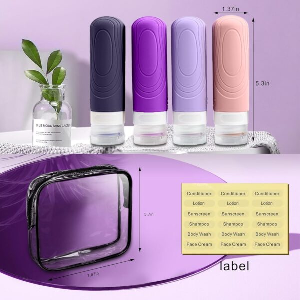GLAMFIELDS Travel Bottles for Toiletries TSA Approved, 3oz Size Leak Proof Silicone Travel Containers for Shampoo, Lotion,Easy to Squeeze Portable, Essentials for Traveling (4 Pack) Purple - Image 8