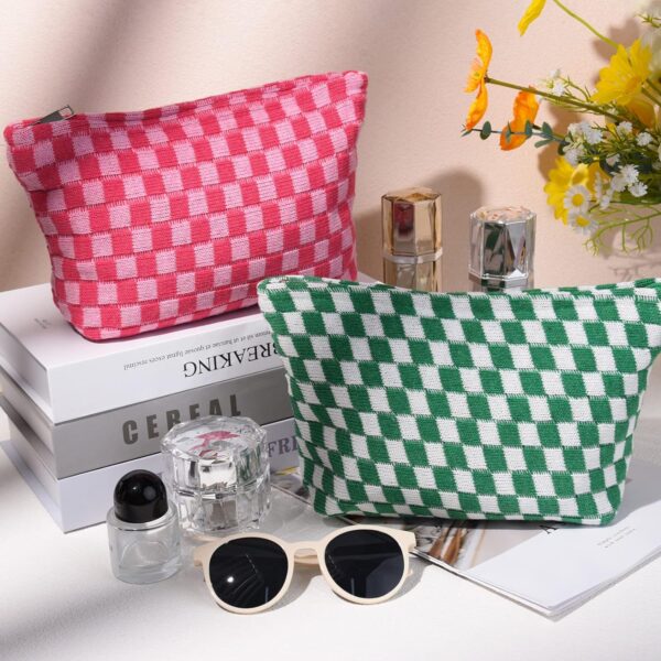 2 Pieces Makeup Bag Large Checkered Cosmetic Bag Capacity Canvas Travel Toiletry Bag Organizer Cute Makeup Brushes Aesthetic Accessories Storage Bag for Women, Checkered L Green Rose red - Image 2